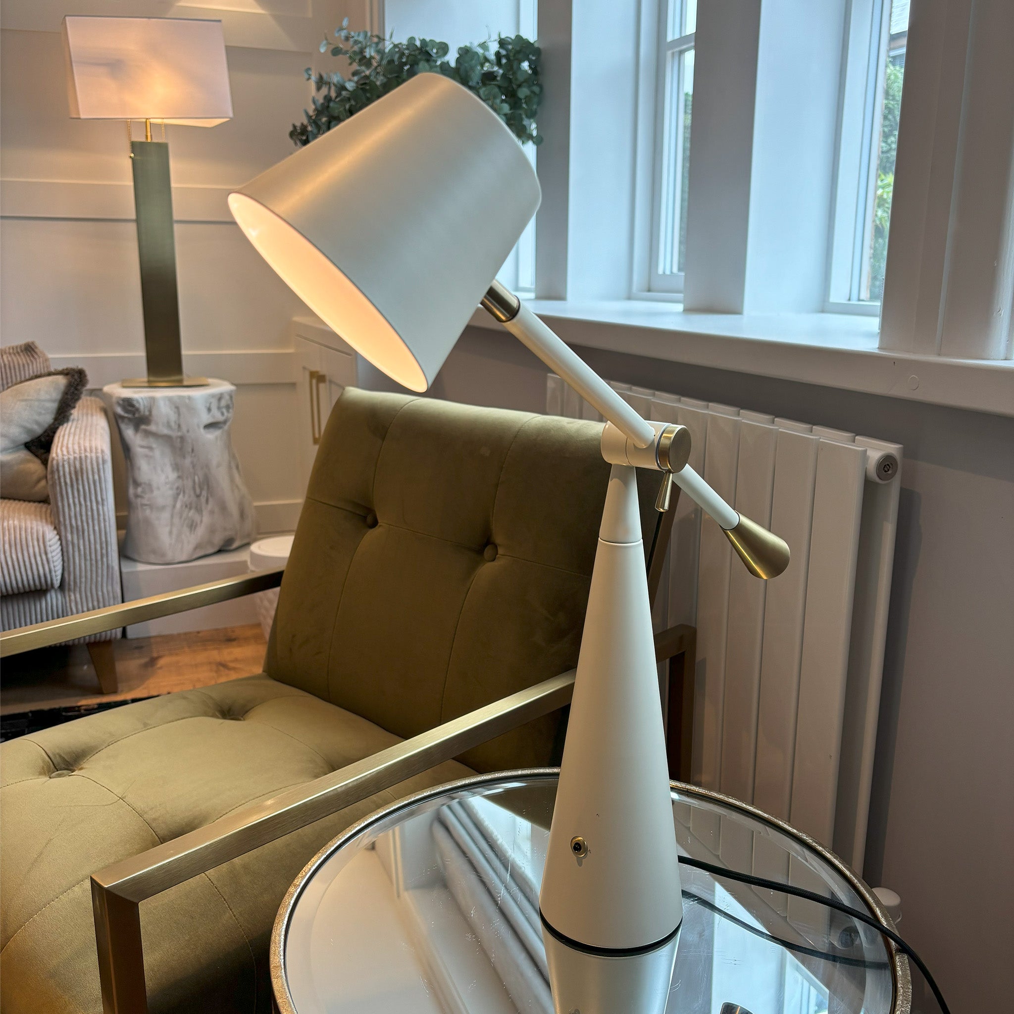Pivoting Table Lamp in Cream and Antique Brass